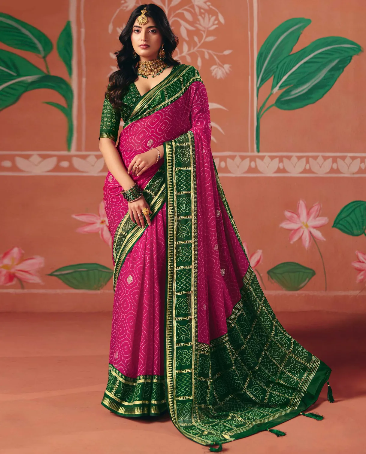 Pink Bember Georgette Bandhani Style Saree With Tassels