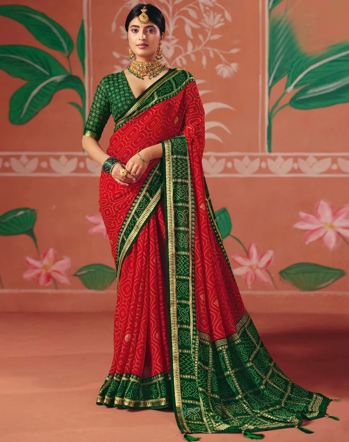 Red Bember Georgette Bandhani Style Saree With Tassels