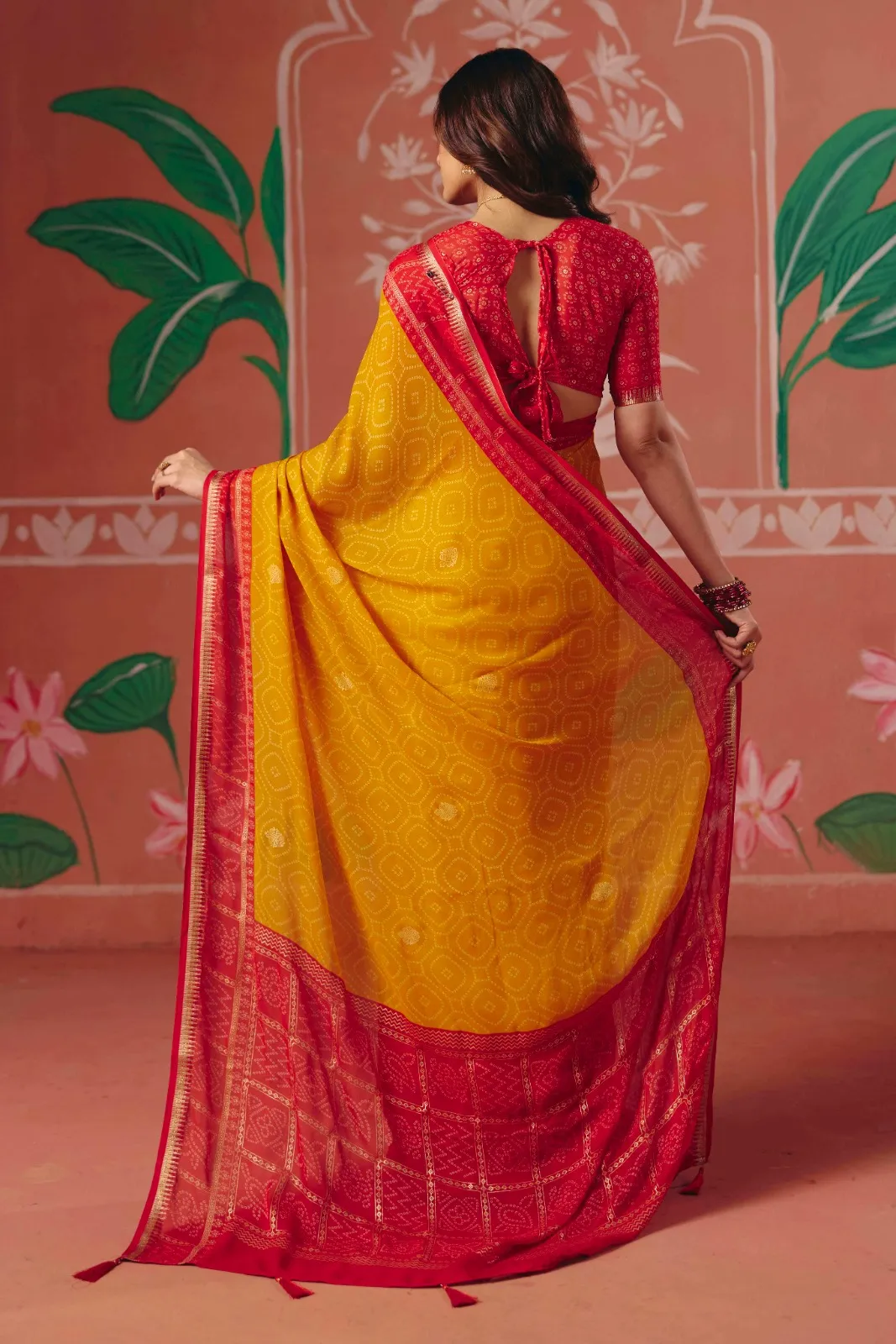 Mustard Bember Georgette Bandhani Style Saree With Tassels - Image 2