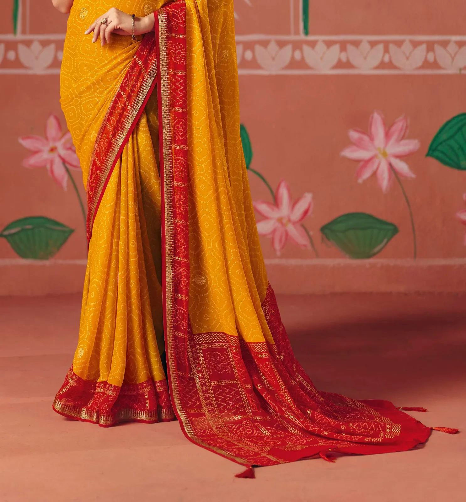Mustard Bember Georgette Bandhani Style Saree With Tassels - Image 3