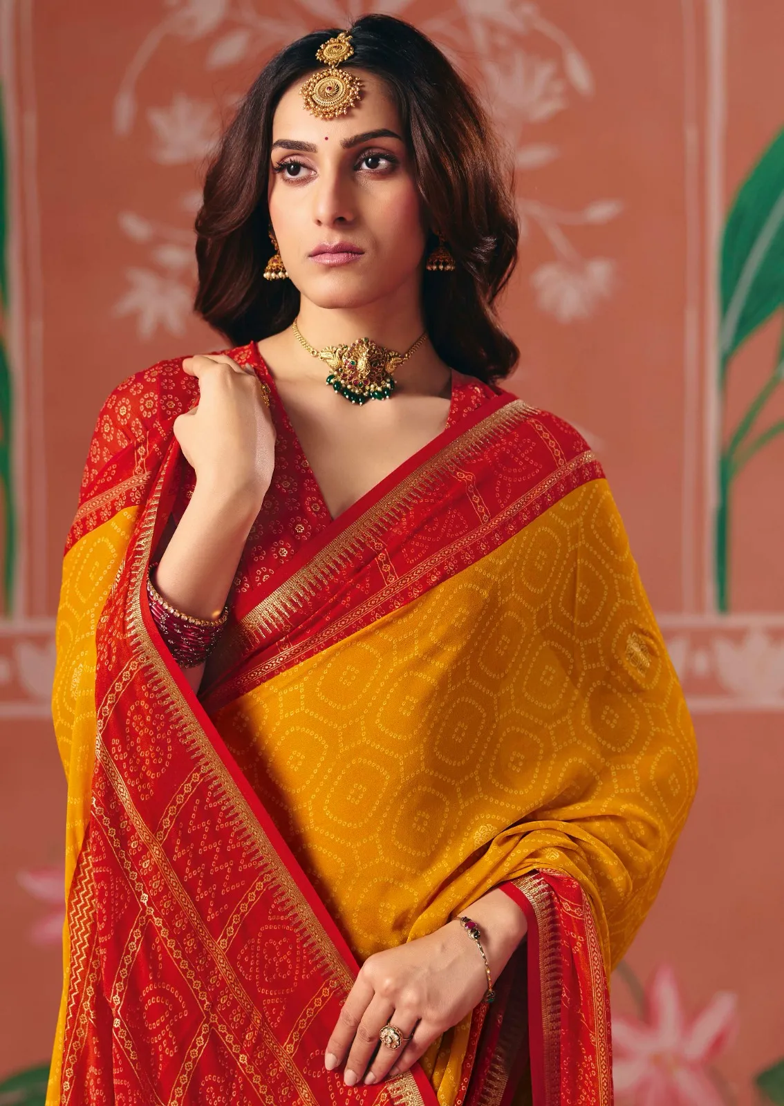 Mustard Bember Georgette Bandhani Style Saree With Tassels - Image 4