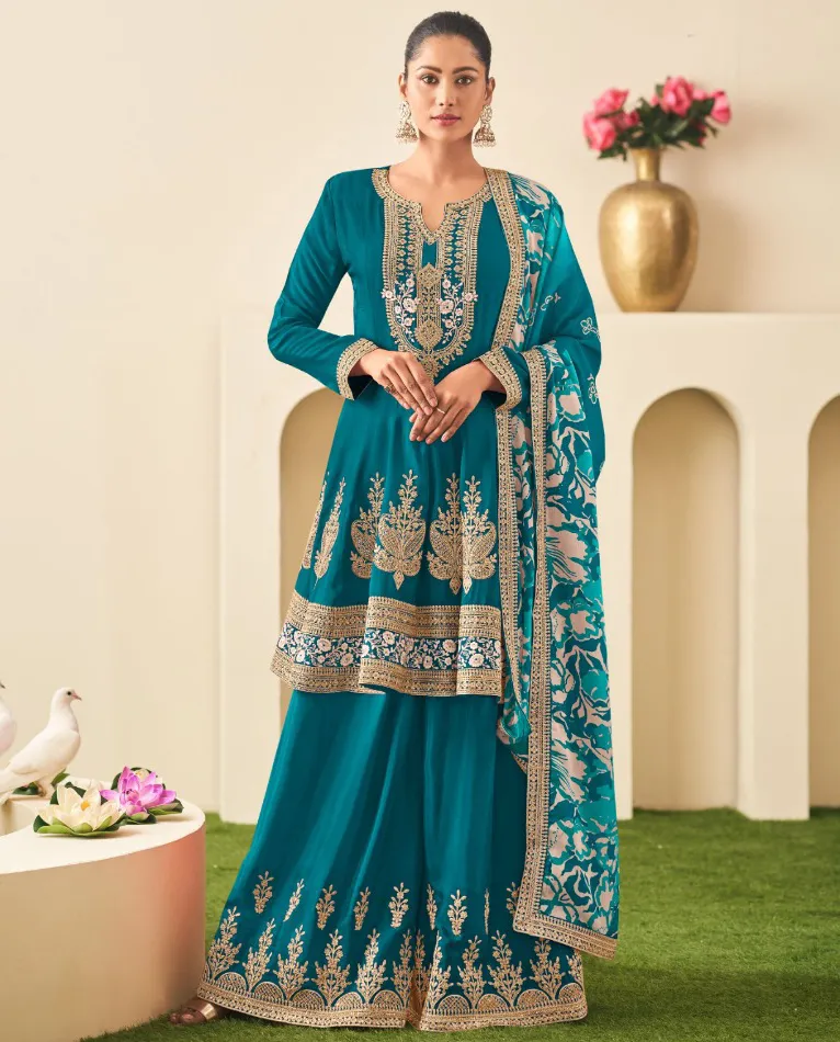 Teal Blue Heavy Chinon Embroidered Readymade Sharara Suit