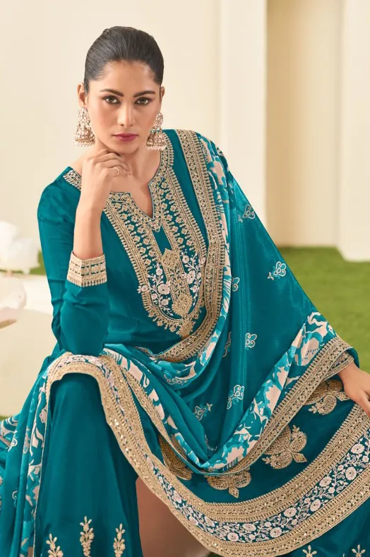 Teal Blue Heavy Chinon Embroidered Readymade Sharara Suit - Image 2