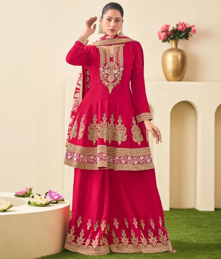 Red Heavy Chinon Embroidered Readymade Sharara Suit