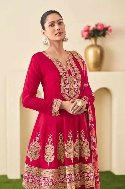 Red Heavy Chinon Embroidered Readymade Sharara Suit - Image 2