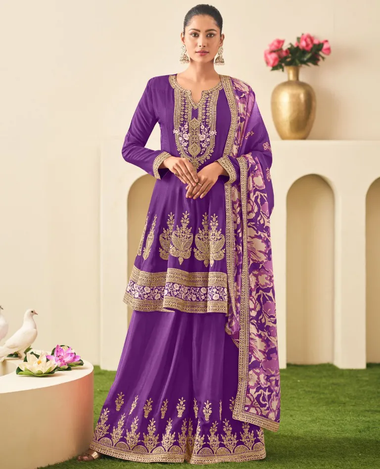 Violet Heavy Chinon Embroidered Readymade Sharara Suit