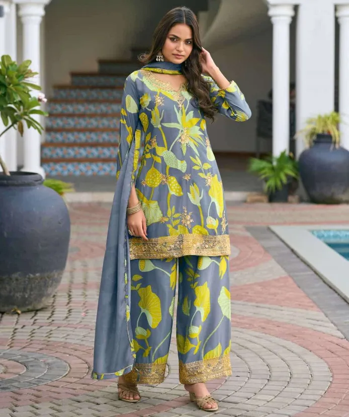 Grey Heavy Premium Chinon Digital Printed Readymade Plazzo Suit