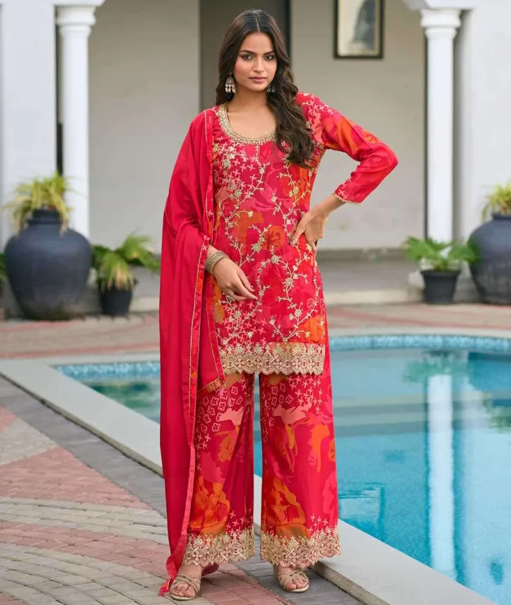 Red Heavy Premium Chinon Digital Printed Readymade Plazzo Suit