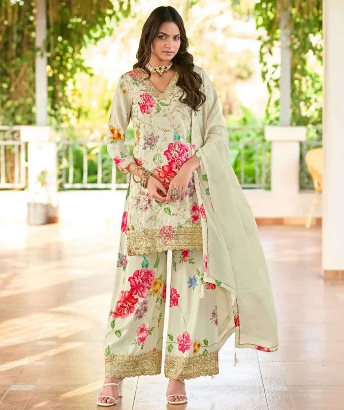 Off White Heavy Premium Chinon Digital Printed Readymade Plazzo Suit