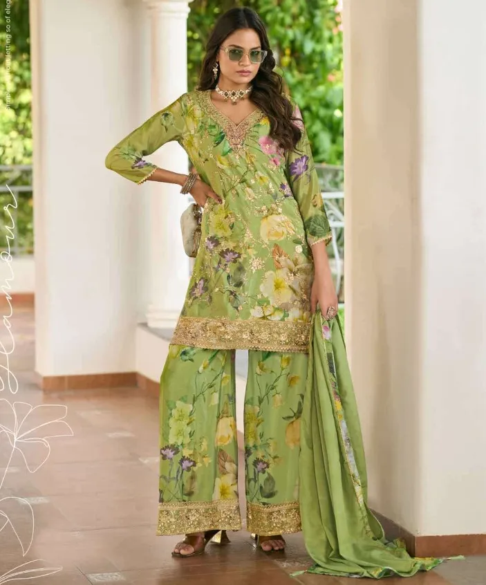 Light Green Heavy Premium Chinon Digital Printed Readymade Plazzo Suit