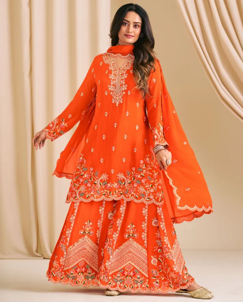 Orange Heavy Premium Chinon Embroidered Readymade Plazzo Salwar Suit