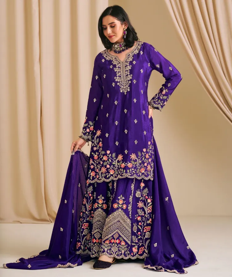 Violet Heavy Premium Chinon Embroidered Readymade Plazzo Salwar Suit