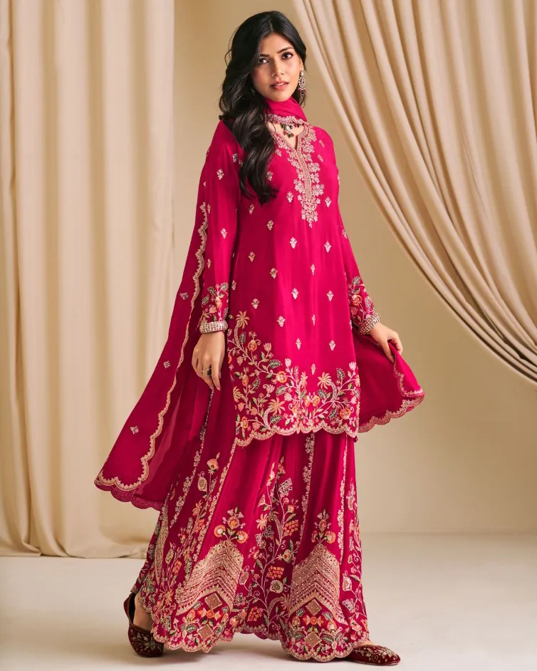 Pink Heavy Premium Chinon Embroidered Readymade Plazzo Salwar Suit