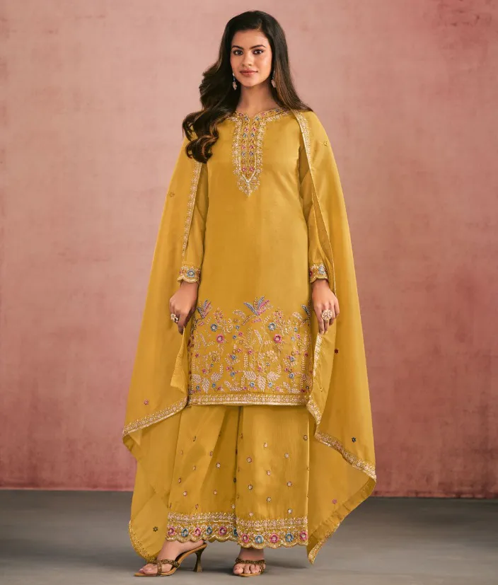 Mustard Premium Simar Silk Beads Embroidered Palazzo Suit
