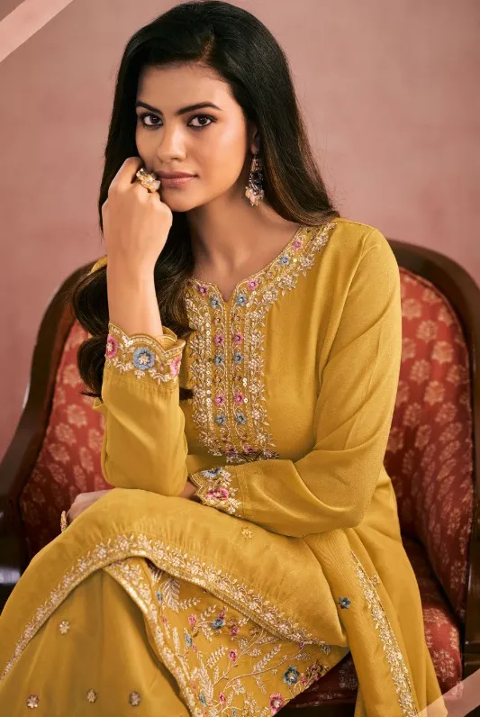 Mustard Premium Simar Silk Beads Embroidered Palazzo Suit - Image 2