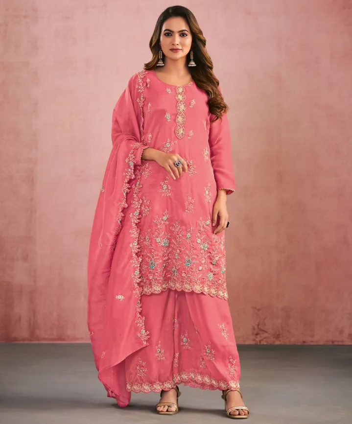 Pink Premium Simar Silk Beads Embroidered Palazzo Suit