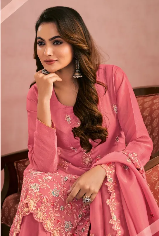 Pink Premium Simar Silk Beads Embroidered Palazzo Suit - Image 2