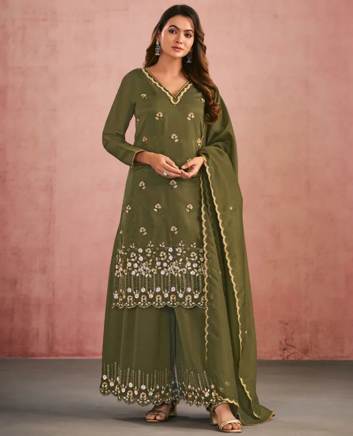 Olive Green Premium Simar Silk Beads Embroidered Palazzo Suit