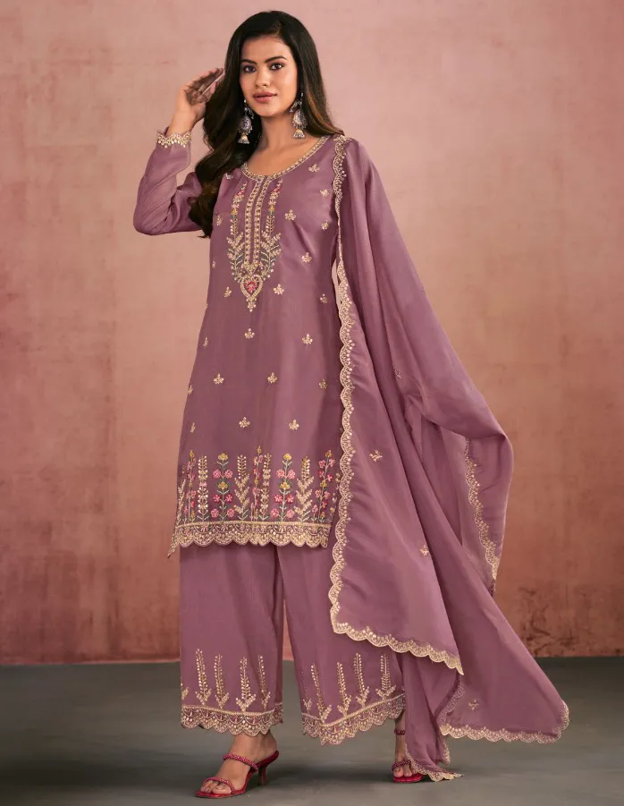 Mauve Premium Simar Silk Beads Embroidered Palazzo Suit