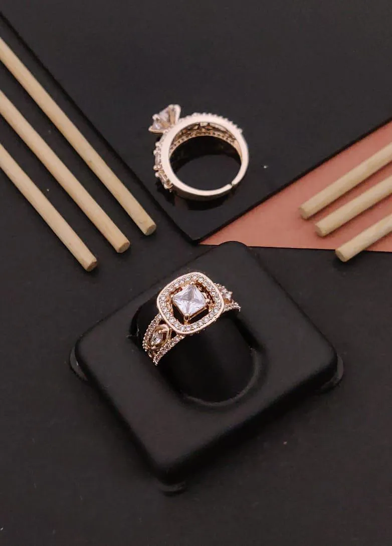 Elegant Square A.D. Diamond Rose Gold Free Size Ring