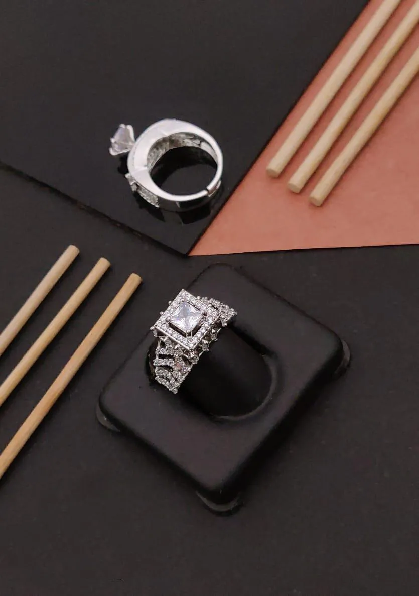 High-Sparkle Square Solitaire A.D. Diamond Silver Free Size Ring