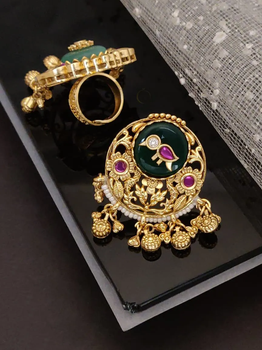 Dark Green Stone Antique Gold Finish Heritage Ring