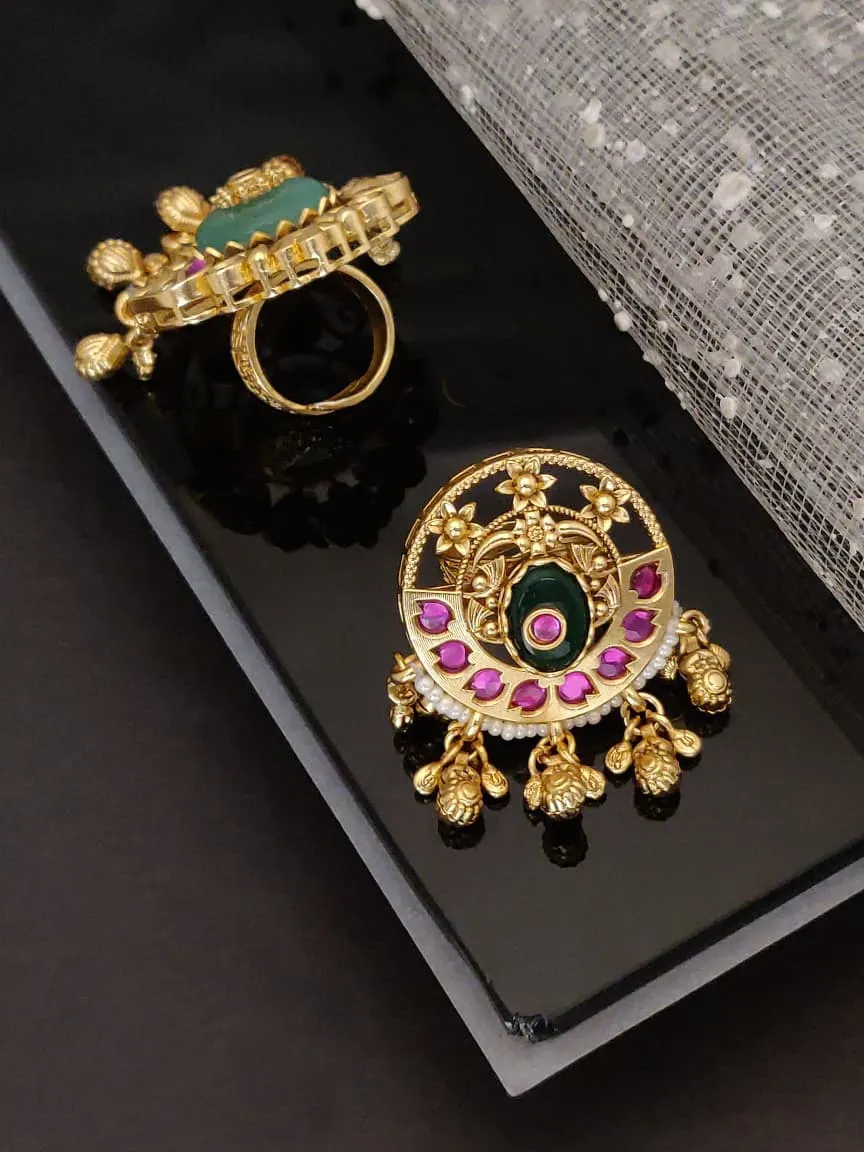 Dark Green Stone Antique Gold Plated Heritage Ring