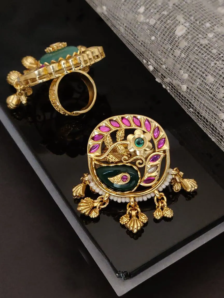 Dark Green Stone & Pink Ruby Antique Gold Heritage Ring