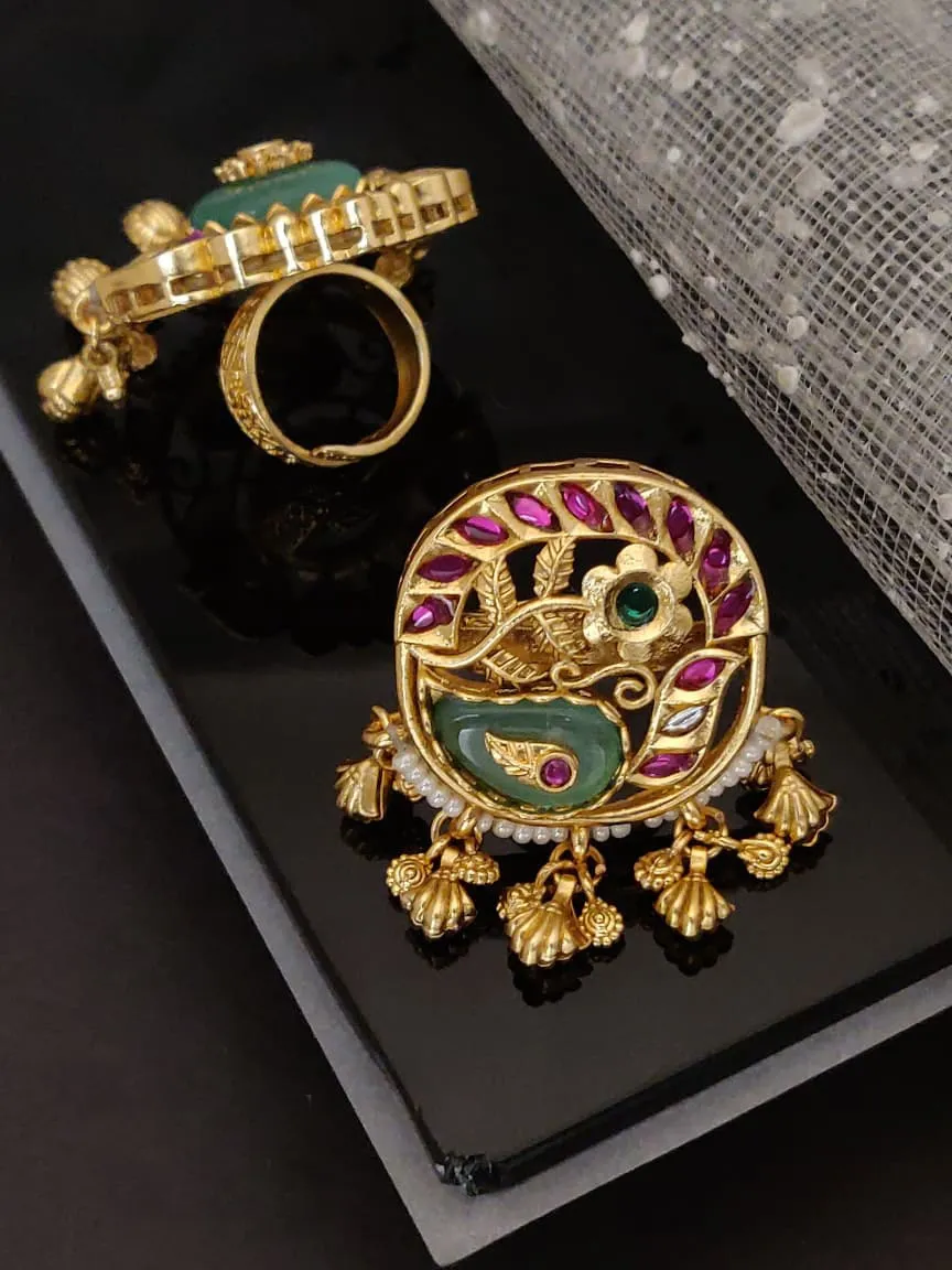 Green Stone & Pink Ruby Antique Gold Heritage Ring