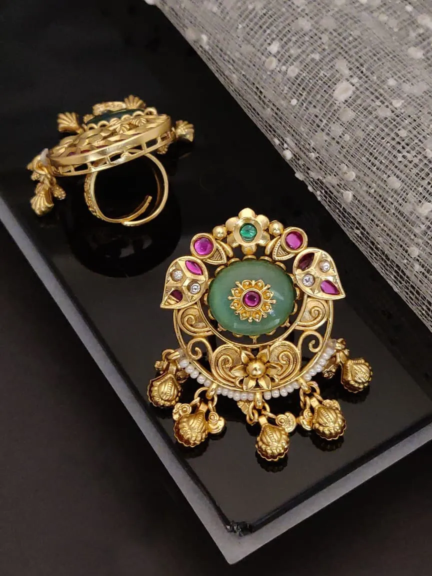 Mint Green Round Stone Pink Ruby Antique Gold Heritage Ring