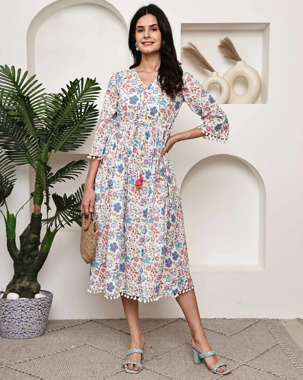 White Pure Cotton Floral Printed A-Line Dress