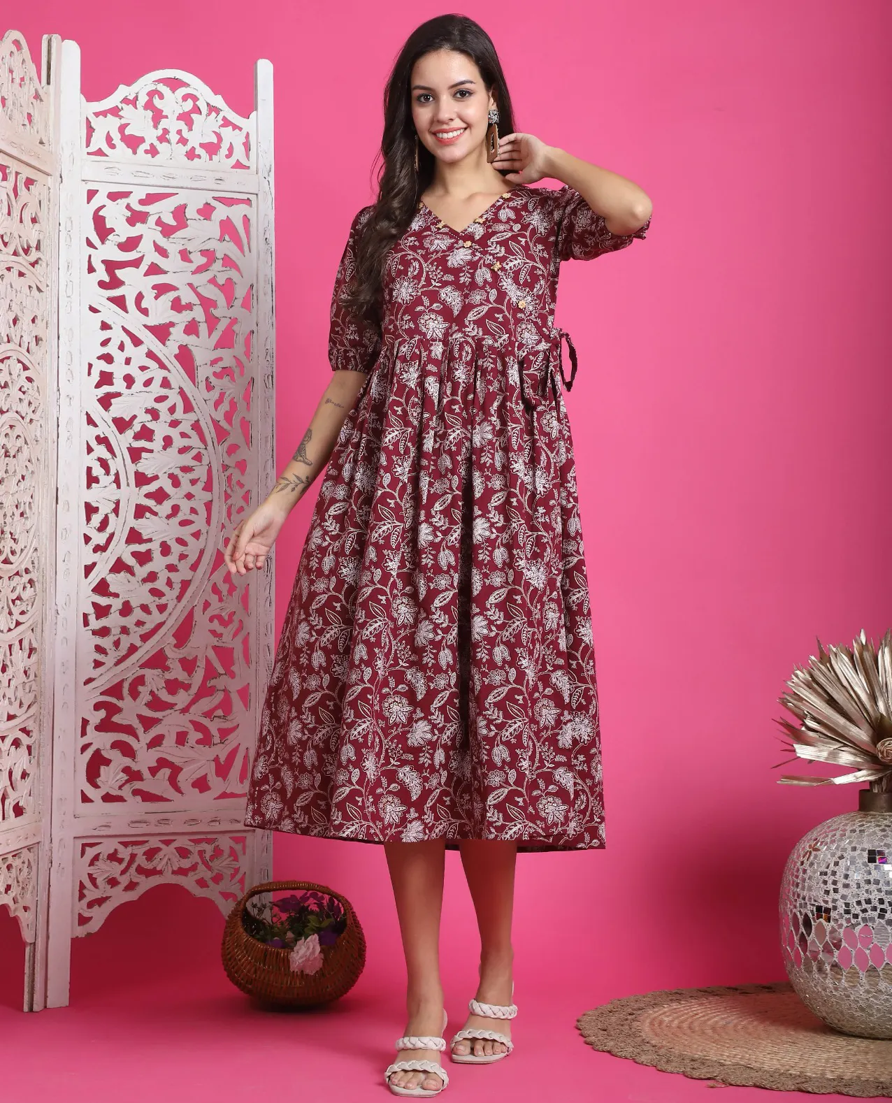 Maroon Pure Cotton A-Line Floral Print Midi Dress