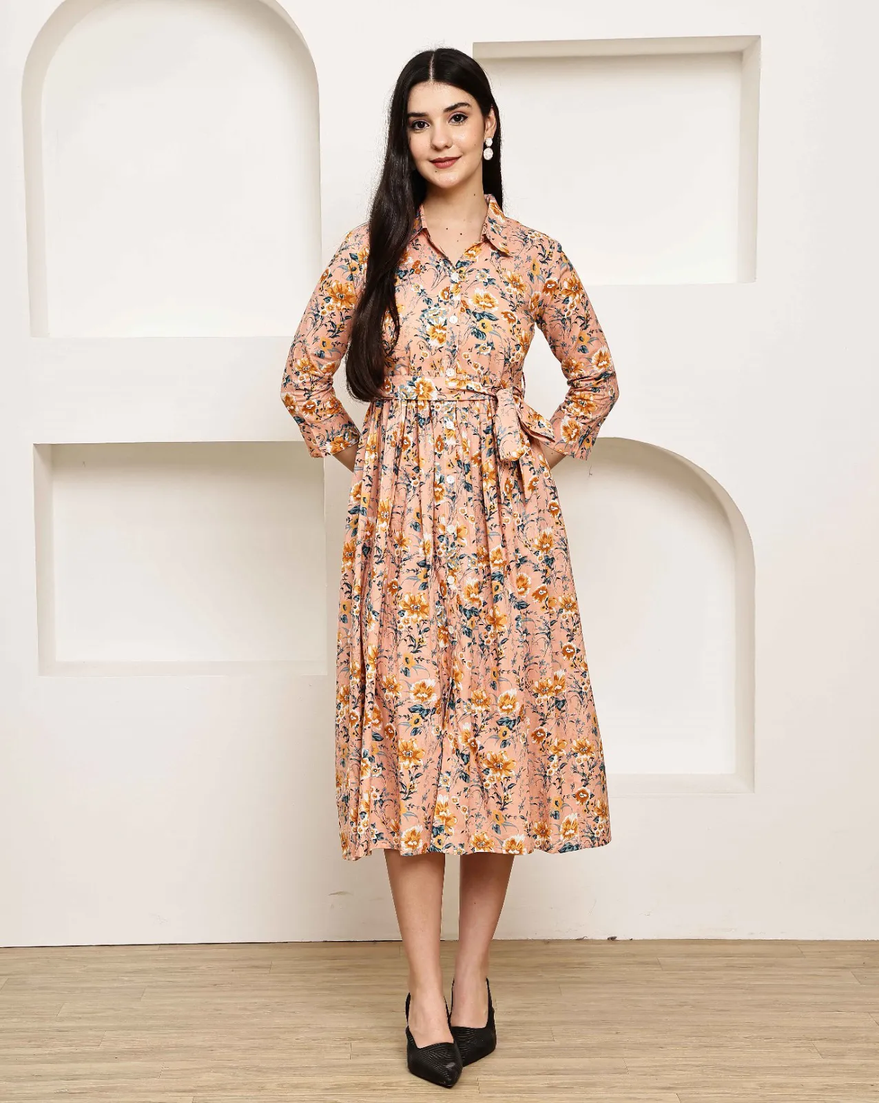Peach Pure Cotton Floral Printed A-Line Dress