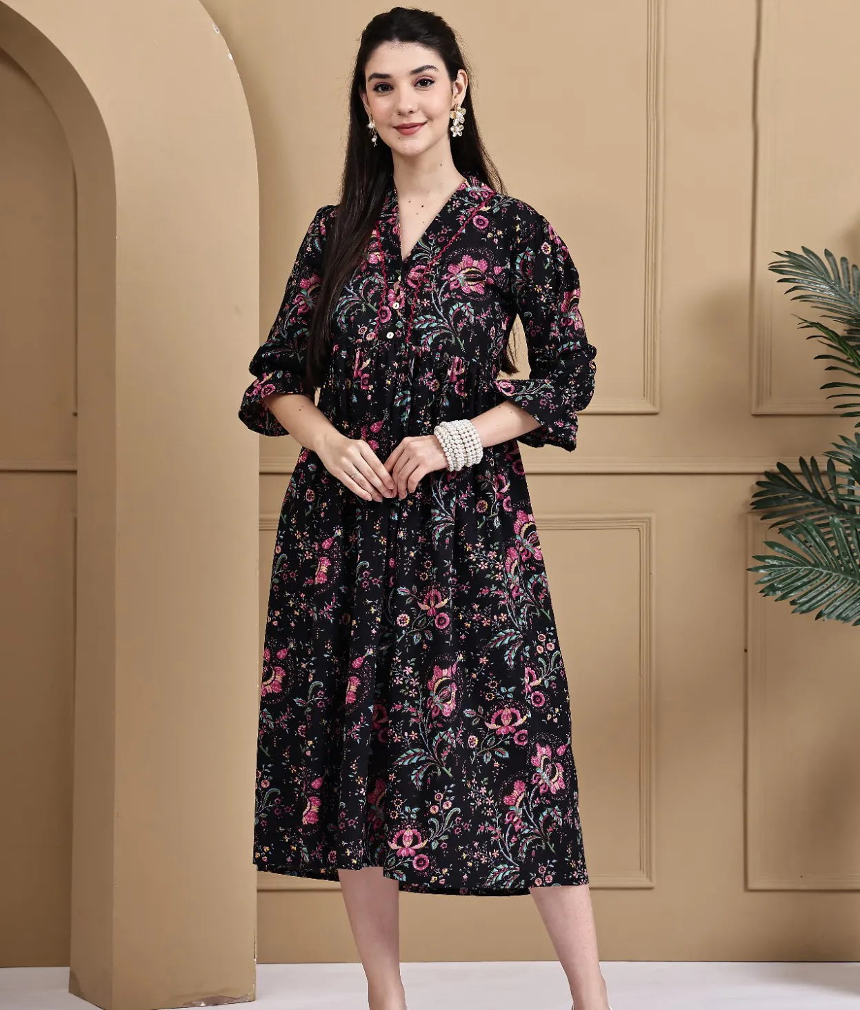 Black Pure Cotton Floral Printed A-Line Dress