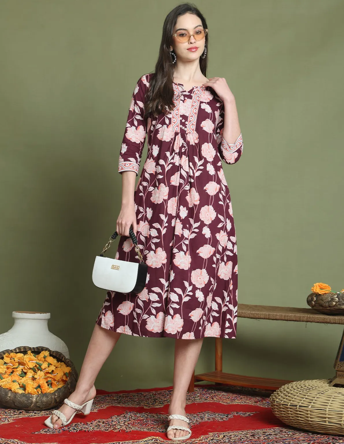 Wine Pure Cotton A-Line Floral Print Midi Dress