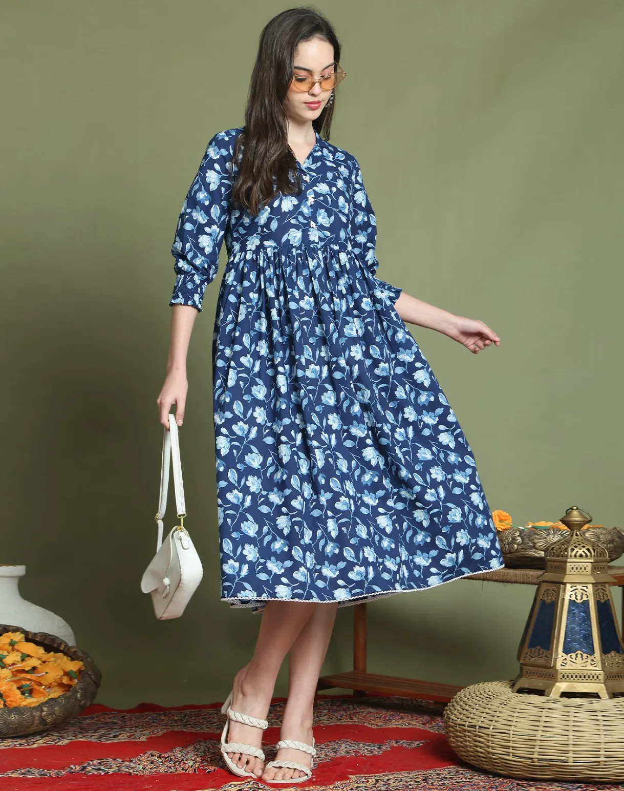 Blue Pure Cotton A-Line Floral Print Midi Dress
