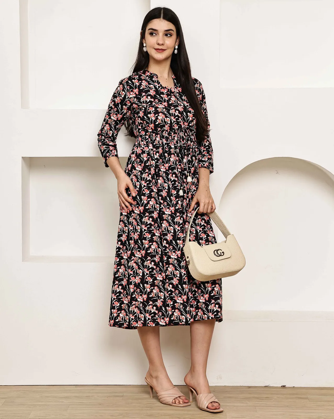 Black Pure Cotton Floral Printed A-Line Dress