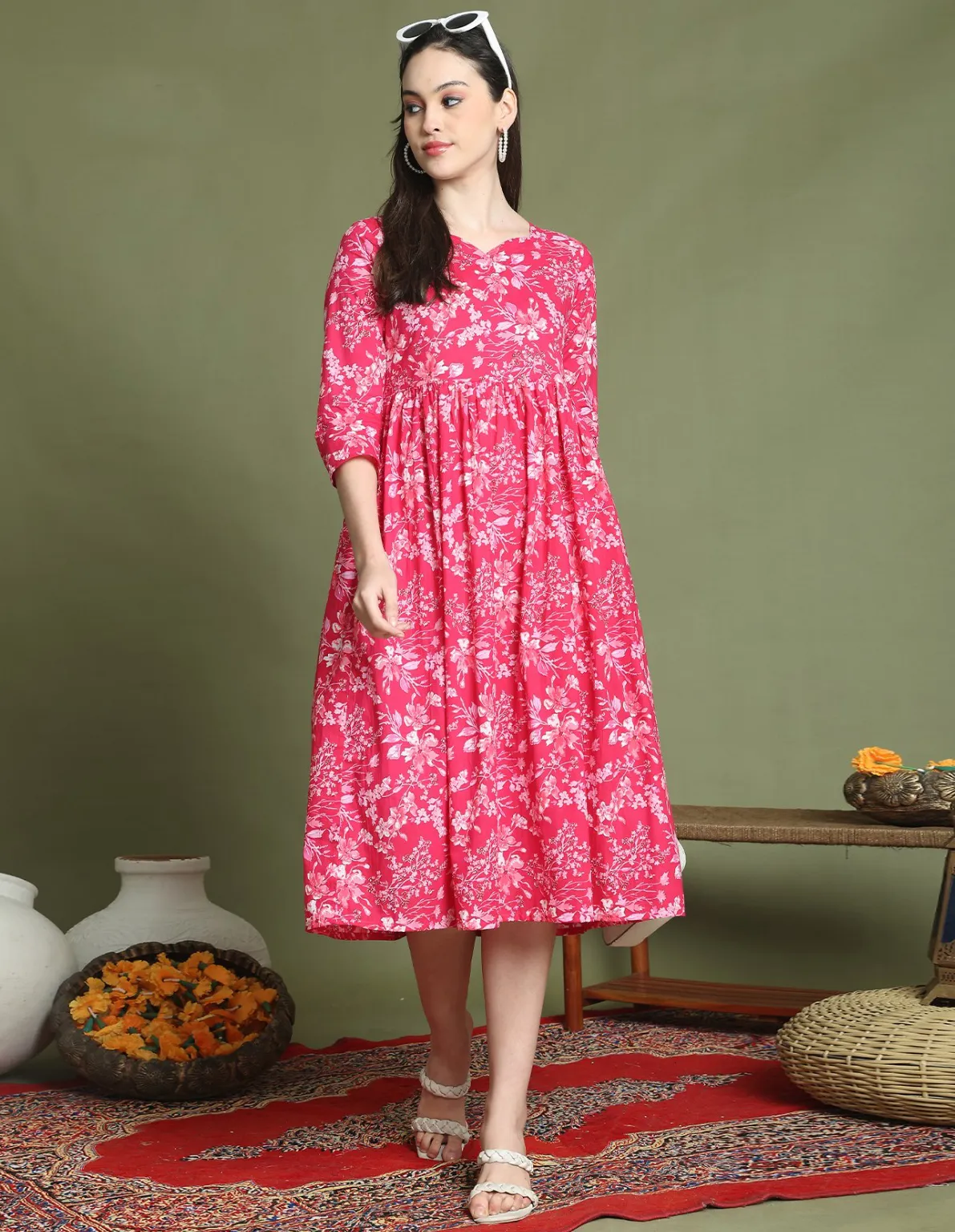 Pink Pure Cotton A-Line Floral Print Midi Dress