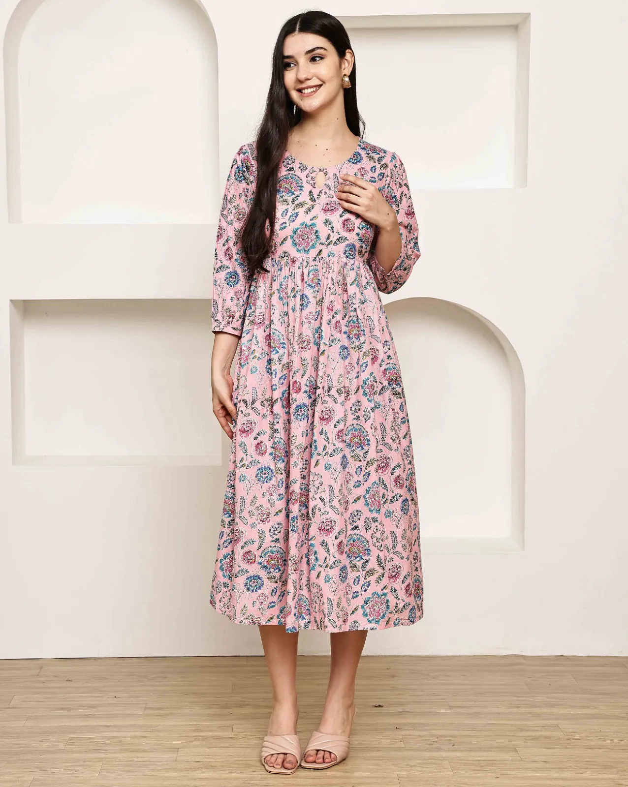 Light Pink Pure Cotton Floral Printed A-Line Dress