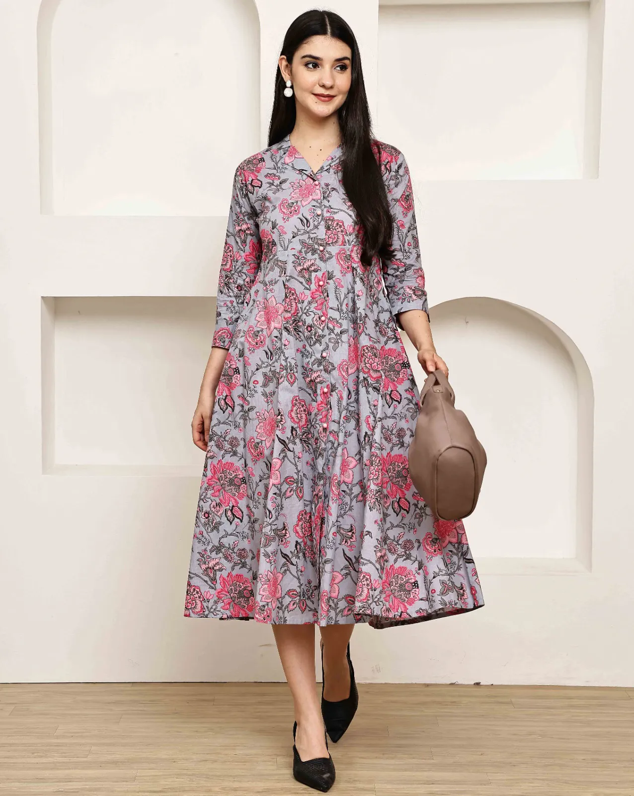 Grey Pure Cotton Floral Printed A-Line Dress