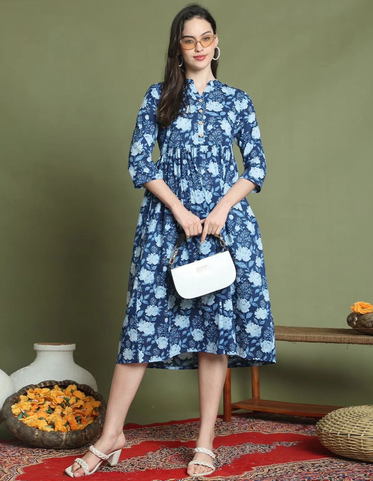 Blue Pure Cotton A-Line Floral Print Midi Dress
