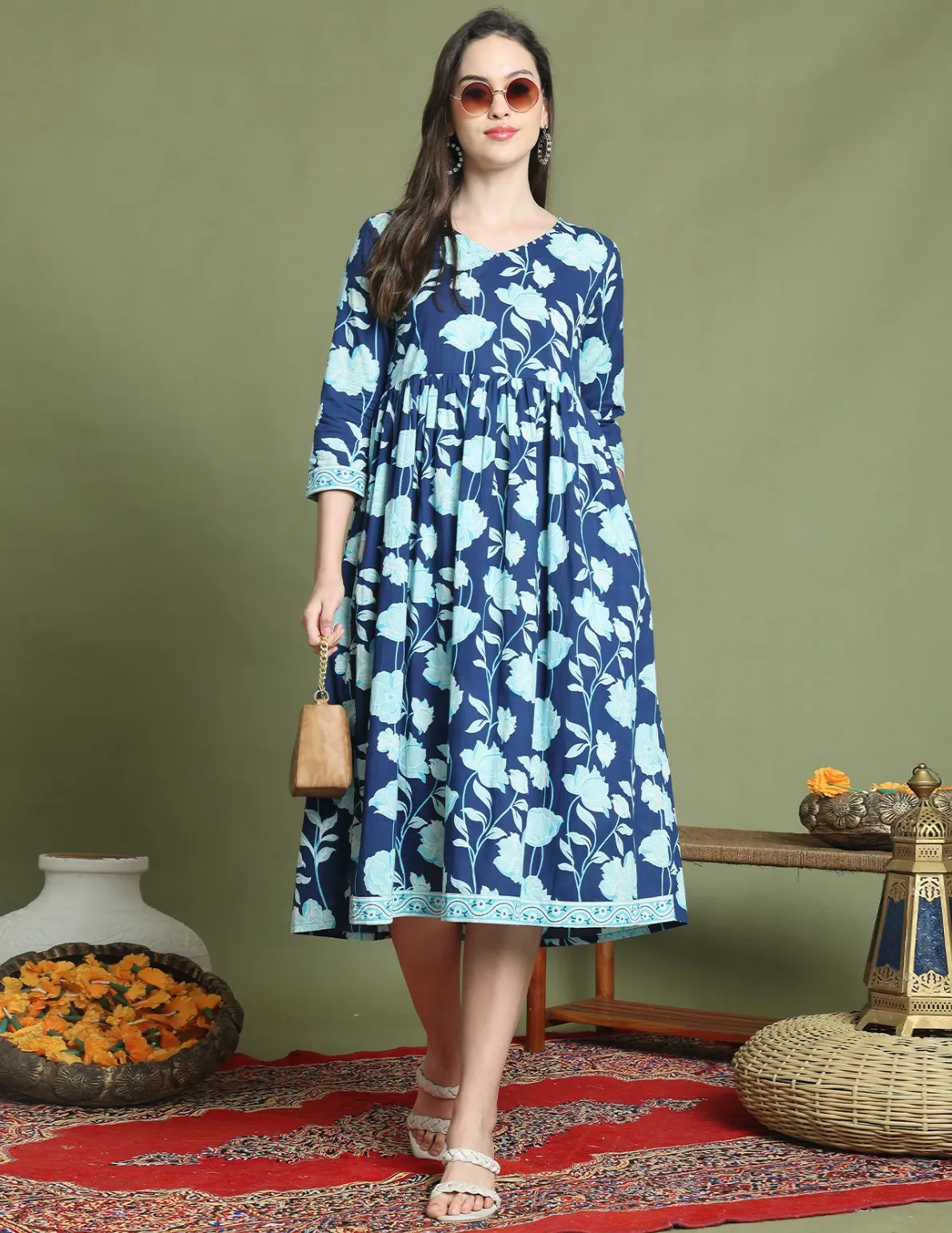 Blue Pure Cotton A-Line Floral Print Midi Dress