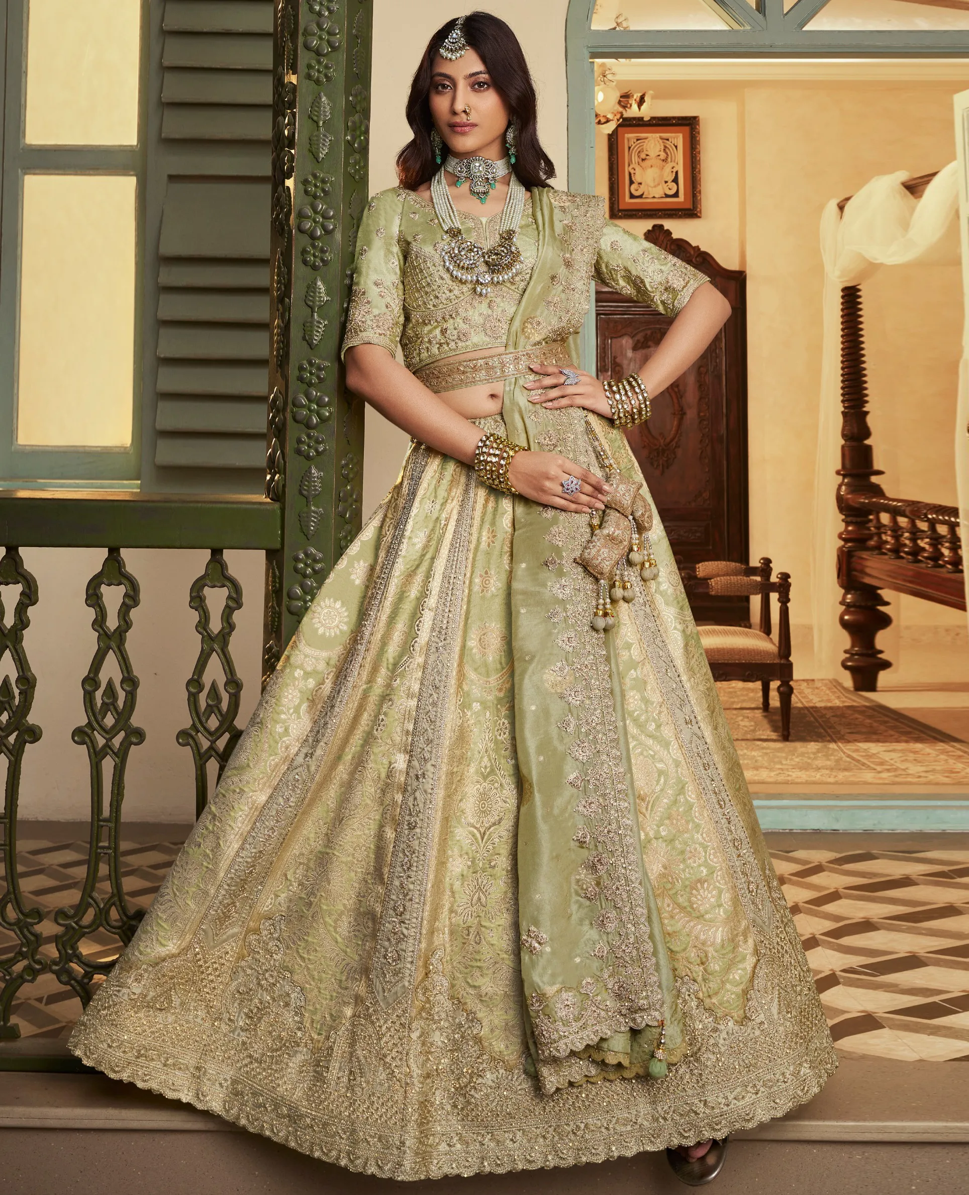 Mint Green Banarasi Premium Silk Swarovski Work Wedding Lehenga