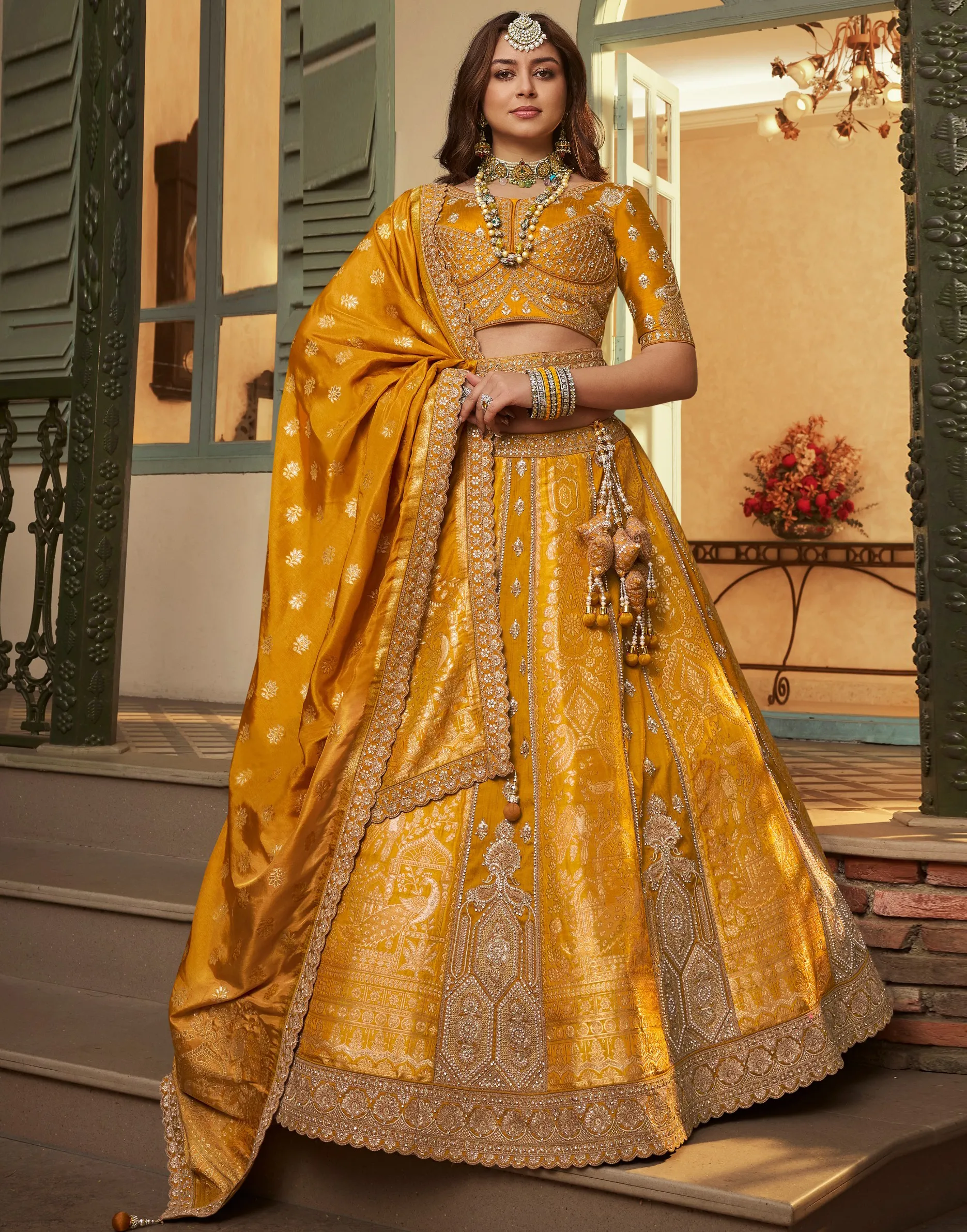 Mustard Banarasi Premium Silk Swarovski Work Wedding Lehenga