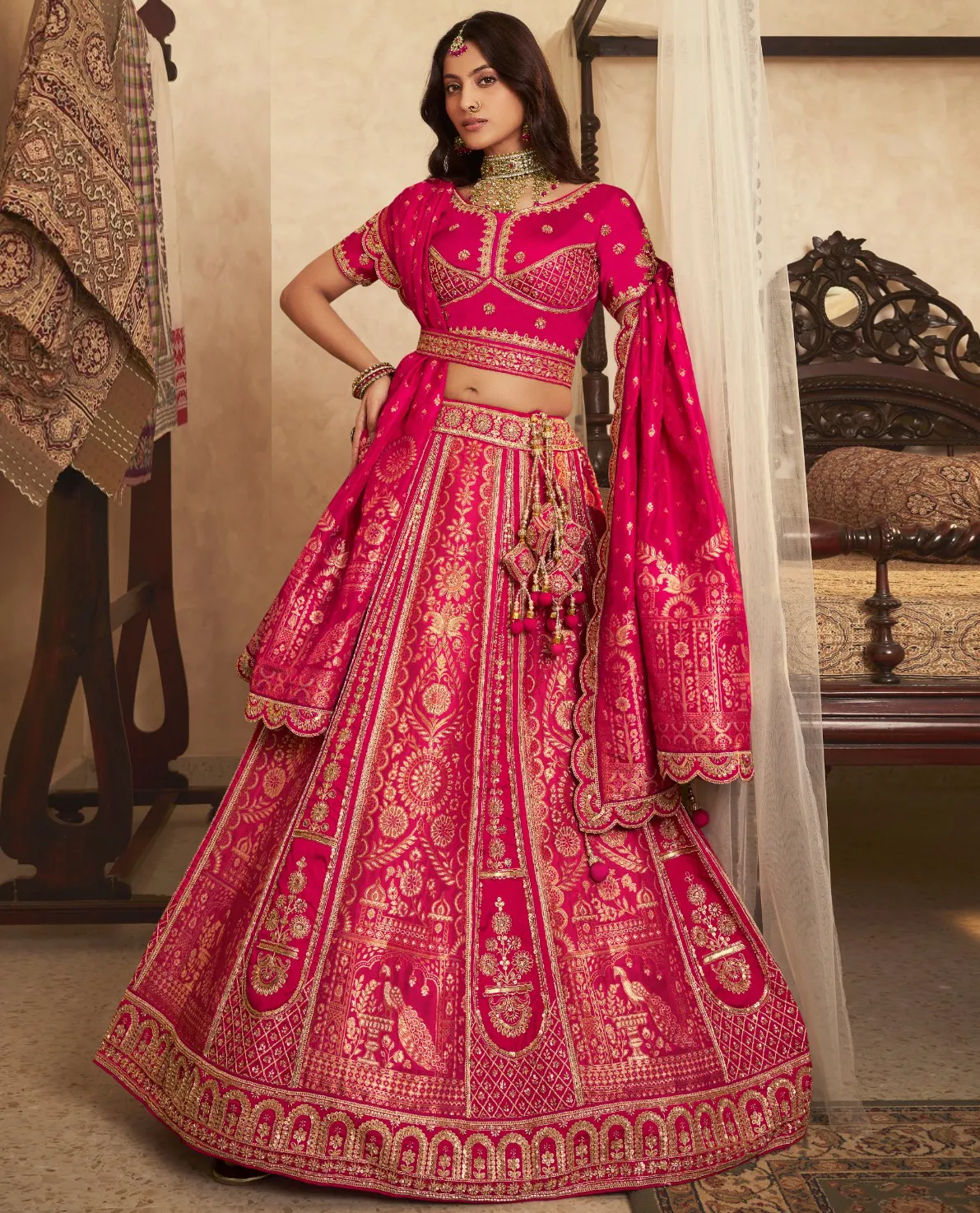 Magenta Pink Banarasi Premium Silk Swarovski Work Wedding Lehenga