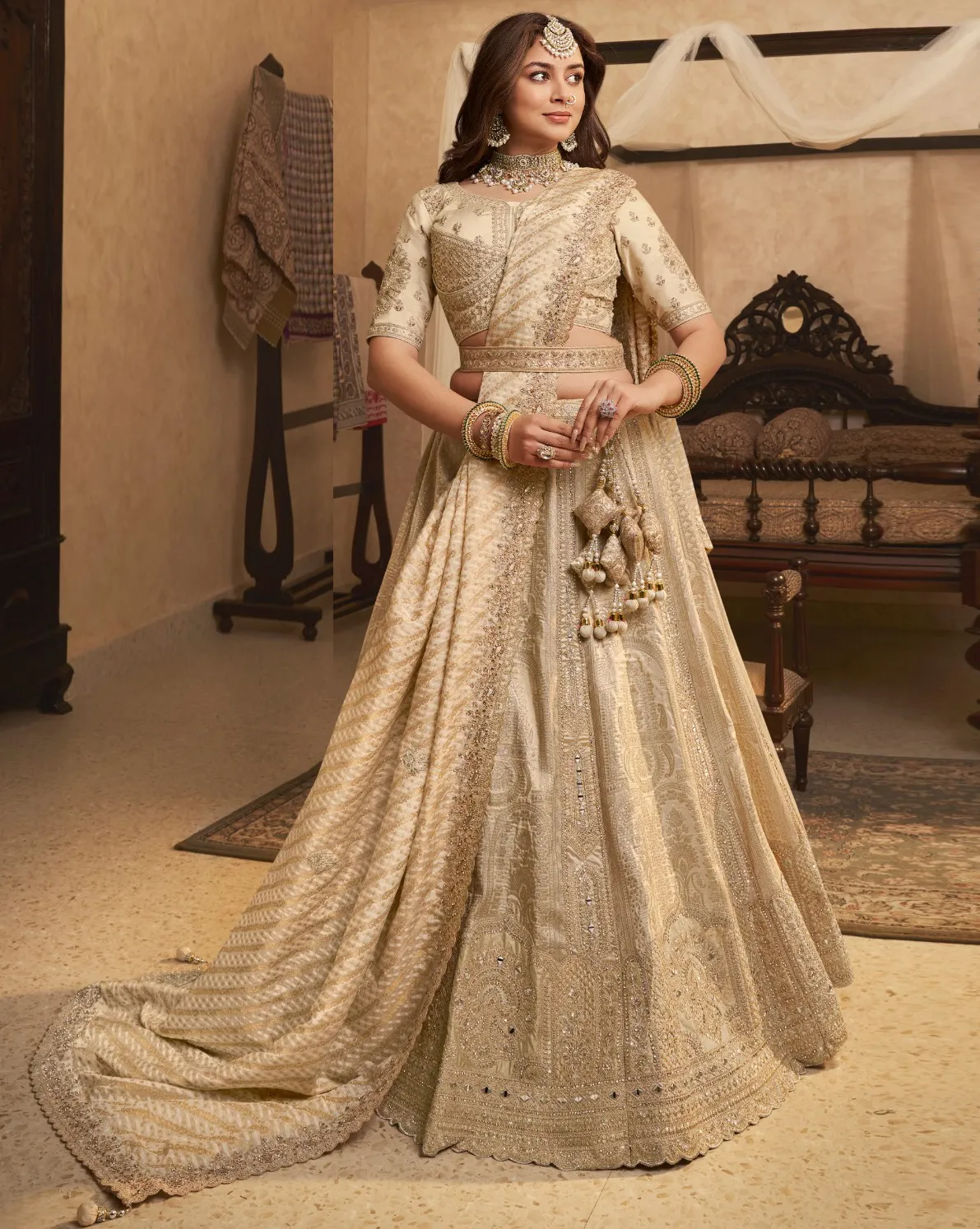 Beige Banarasi Premium Silk Swarovski Work Wedding Lehenga