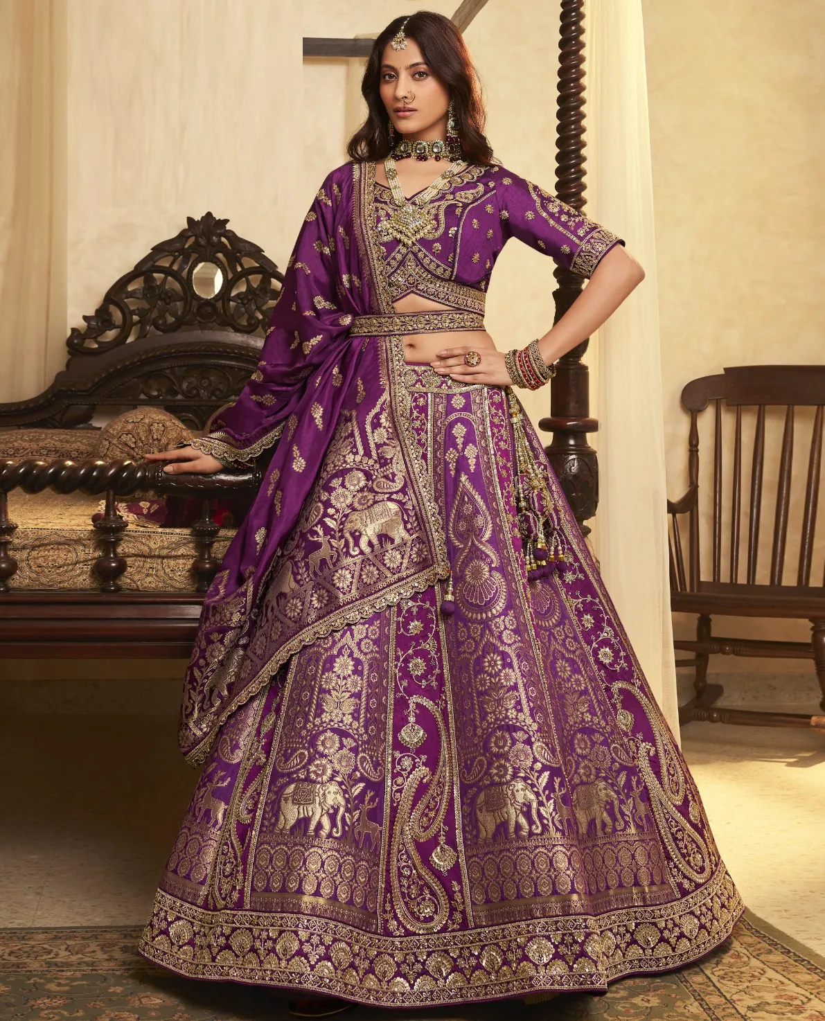 Violet Banarasi Premium Silk Swarovski Work Wedding Lehenga