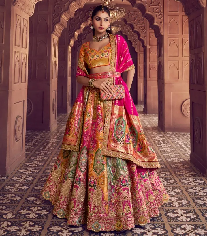 Mustard And Pink Banarasi Premium Silk Swarovski Work Lehenga