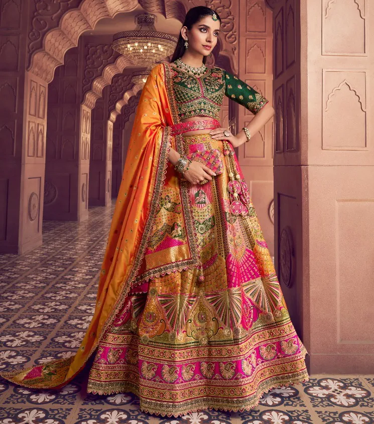 Yellow And Green Banarasi Premium Silk Swarovski Work Lehenga