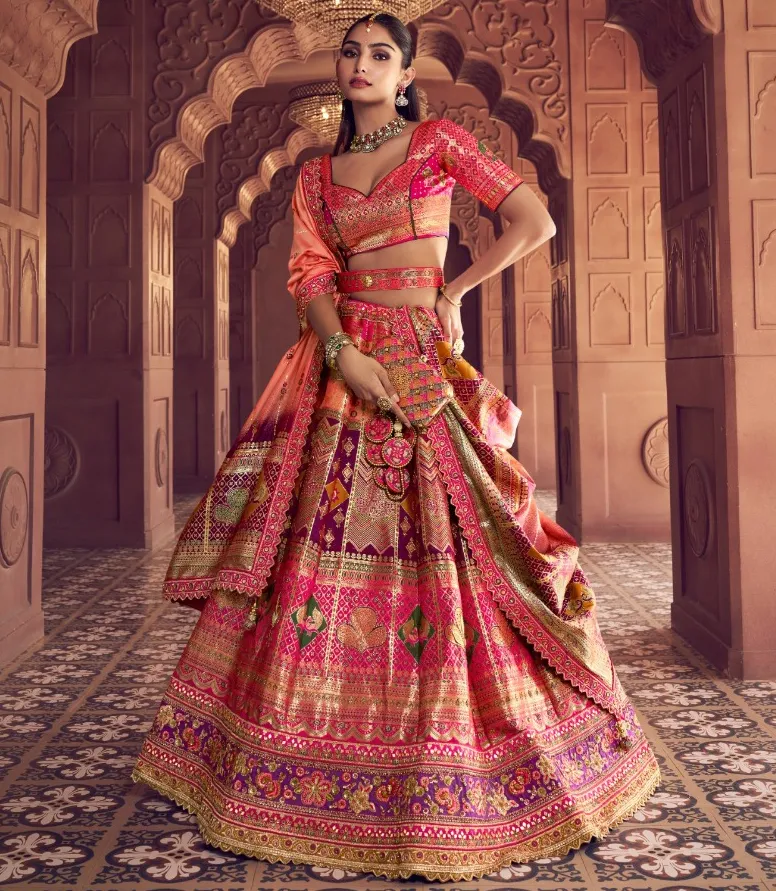 Pink And Wine Banarasi Premium Silk Swarovski Work Lehenga